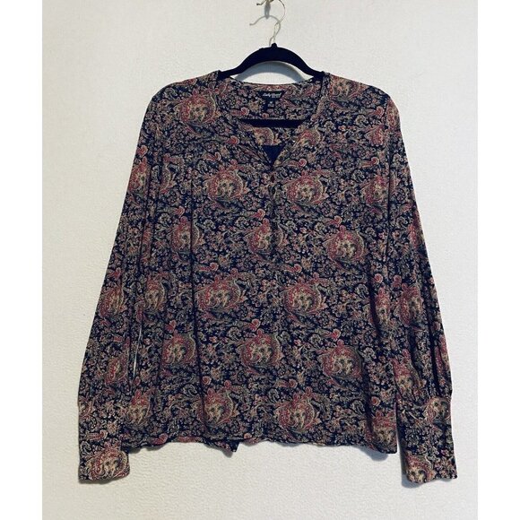 Lucky Brand Top Womens Medium Paisley Print Henley Long Sleeve Button Cuffs Y2K - Picture 1 of 8